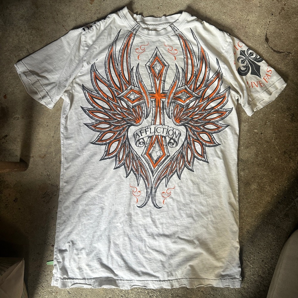 Affliction Y2K Mens Live Fast Graphic T-Shirt White Orange Wings Cross MMA Large